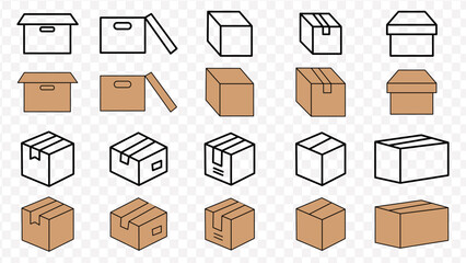Collection of cardboard box icons in various styles and perspectives on transparent background package