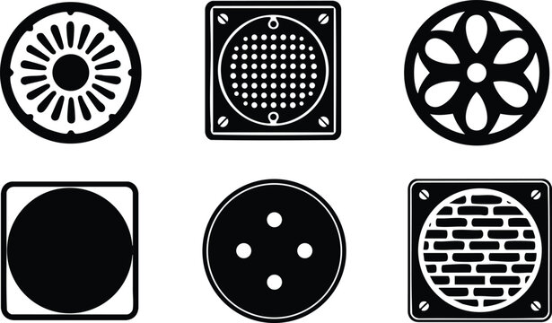 Flat design six circular speaker grille icons set close up top view arranged in two rows black and white high contrast simple vector graphic resource collection