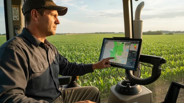 Medium shot of farm equipment operator monitoring variable rate technology display to finetune machinery settings for diverse crop zones.