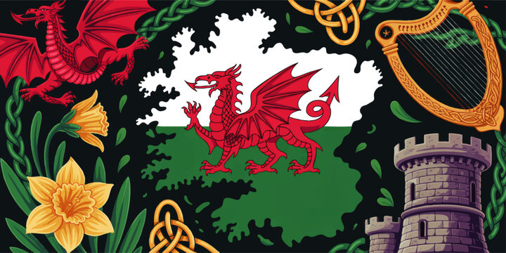 Welsh red dragon flag illustration with Celtic symbols, daffodils, castle tower and harp on dark background, fantasy heritage art