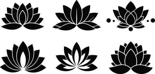 Flat vector lotus icon set six black silhouette variations petal arrangement top view and side view minimalist spa logo and wellness emblem simple symmetrical badge centered