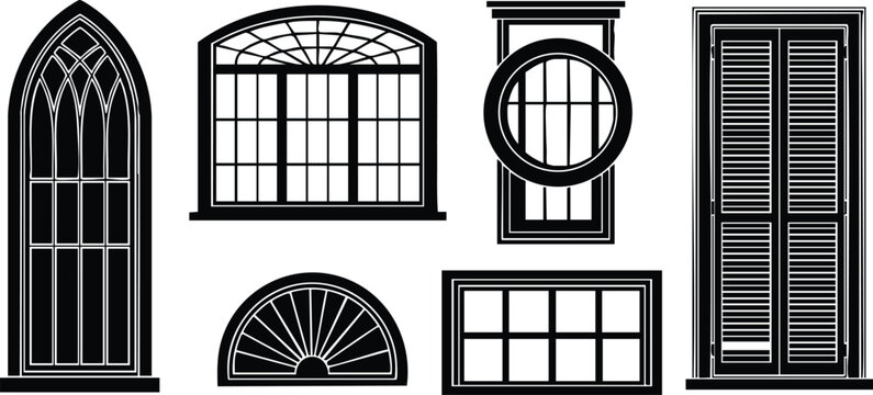 Line art vector set of six distinct window silhouettes showing gothic arched fanlight circular shutter and rectangular paneled designs isolated on white background minimal monochrome style