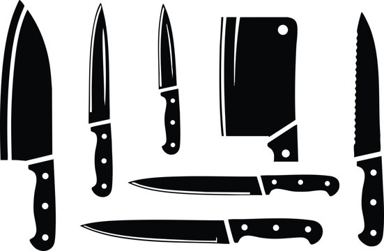 Flat design collection of kitchen knives chef knife cleaver paring carving and utility blades arranged in top view bold silhouette black on white isolated vector set