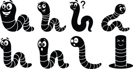 Flat design close up playful cartoon worm characters set showing eight different poses and expressions on white background bold black silhouette icons looking at camera faces