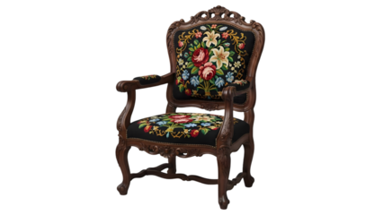 Ornate vintage chair with colorful stained glass back