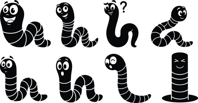 Flat design close up playful cartoon worm characters set showing eight different poses and expressions on white background bold black silhouette icons looking at camera faces