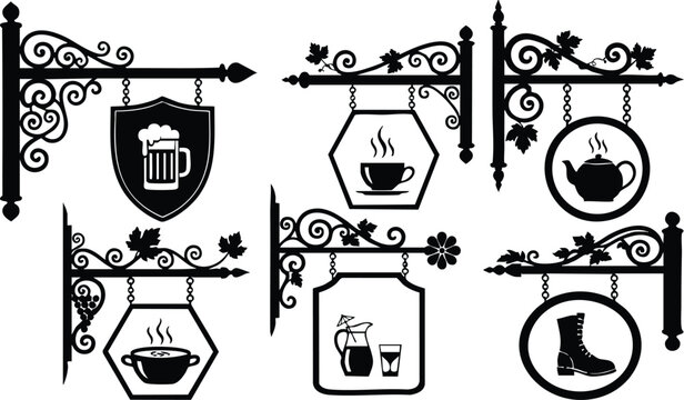 Silhouette vector set of ornate hanging shop signs with beer mug coffee cup teapot soup bowl milk bottle and boot on decorative wrought iron brackets collection - Powered by Adobe