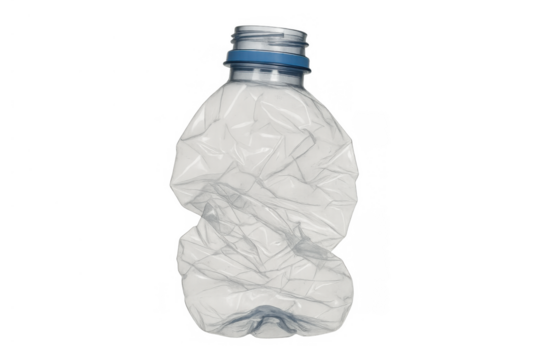Crumpled transparent plastic bottle representing recycling, waste, pollution, and environmental issues, with a transparent background - Powered by Adobe