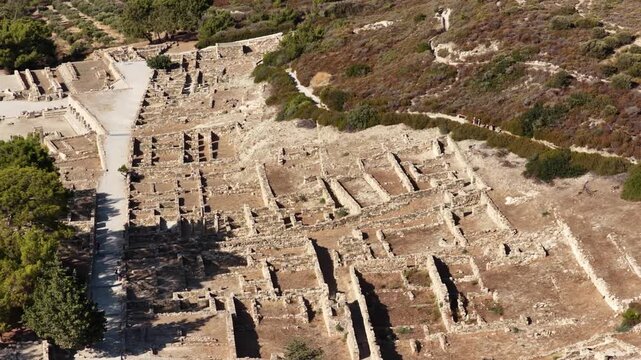 Aerial view of ancient Kamiros ruins in Rodos Greece showing the foundations of buildings and historical site