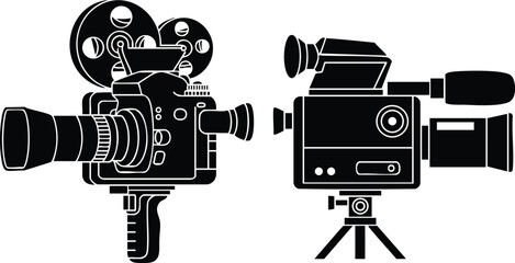 Flat design close up view of two vintage film camera silhouettes one handheld camera and one tripod mounted video camera on plain background bold contrast graphic