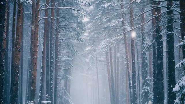 bosque de pinos completamente nevado. La c&aacute;mara avanza suavemente entre los &aacute;rboles altos cubiertos de nieve, mientras cae una nevada fina y constante. Ambiente fr&iacute;o y silencioso.