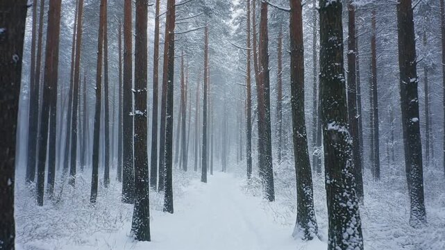 bosque de pinos completamente nevado. La c&aacute;mara avanza suavemente entre los &aacute;rboles altos cubiertos de nieve, mientras cae una nevada fina y constante. Ambiente fr&iacute;o y silencioso.