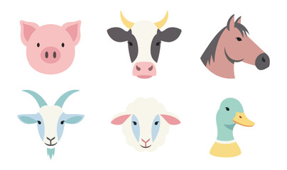 Cartoon farm animal heads set flat design isolated
