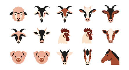 Farm animal heads collection vector illustrations