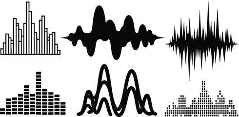 Flat minimalist vector icon set of six distinct black waveform and equalizer silhouettes showing amplitude bars and soundwave peaks for audio and music interfaces podcast branding