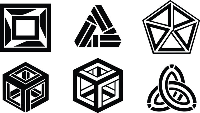 Minimalist icon set line art geometric logo marks showing isometric cube pentagon knot and square frames in bold black on white simple flat modern monogram vector - Powered by Adobe