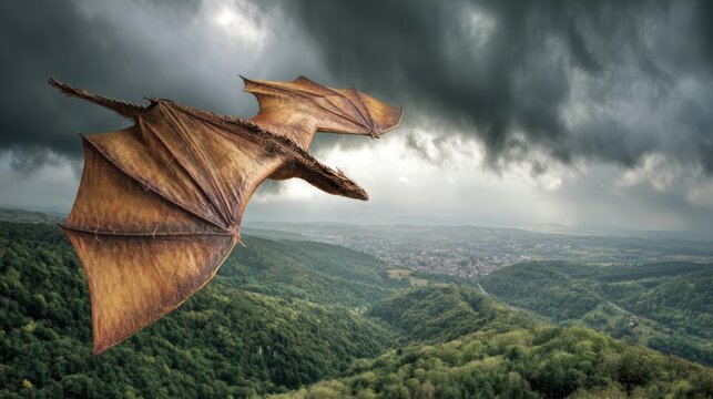 Dragon Flies Over a Medieval Valley Under Stormy Sky Representing Challenge and Heroism in European Mythology