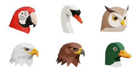 Stylized bird heads collection parrot swan owl eagle hawk duck