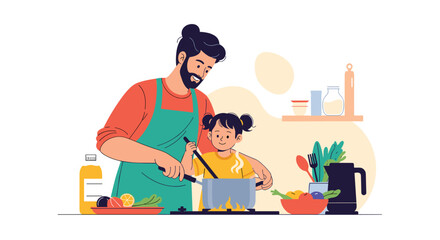 Loving father and his happy young daughter cook a healthy meal together in the kitchen, bonding and having fun as a family.