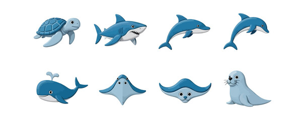 Marine animals set illustration blue color