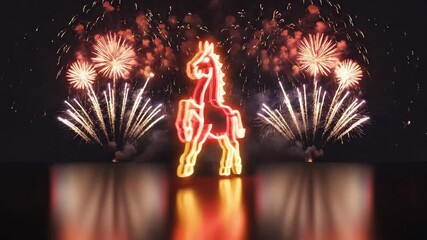Spectacular fireworks display explodes behind a glowing neon silhouette of a powerful running horse, creating a vibrant reflection on the water, perfect for event promotions and cultural celebrations.
