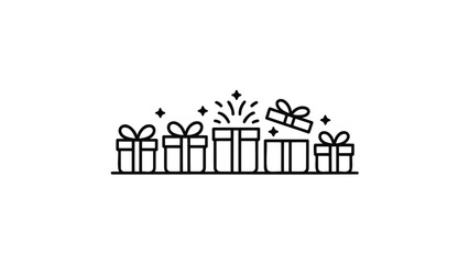 A line of simple line art gift boxes with bows and one open box with confetti bursting out celebrating a surprise