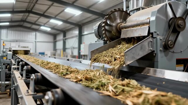 Medium shot capturing conveyor belt transporting biomass through automated milling and sorting stages to prepare for downstream applications