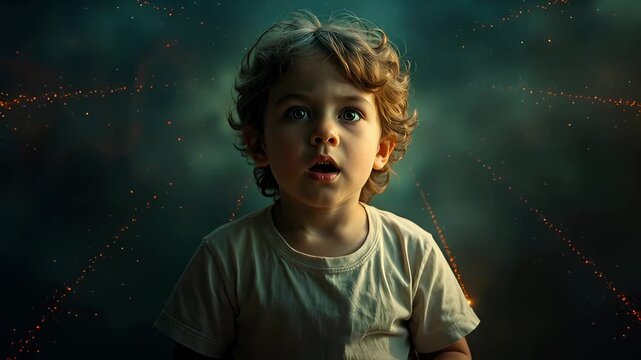 Close-up of a wide-eyed child with an explosive mind effect: fireworks and sparks symbolize genius, a new idea, wonder, surprise, and creative thought.