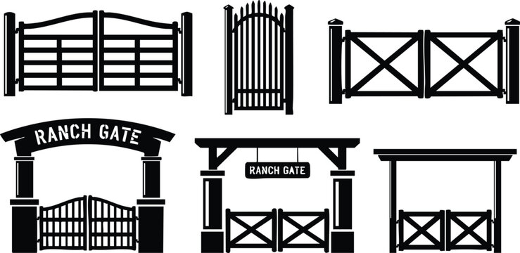 Silhouette icon set of six ranch gate designs including arched wooden entry metal gate crossbuck fence pillars and porch gate simple flat vector isolated black art