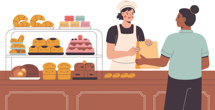 Woman buying bakery pastry products in shop stall counter service concept illustration vector design in trendy style