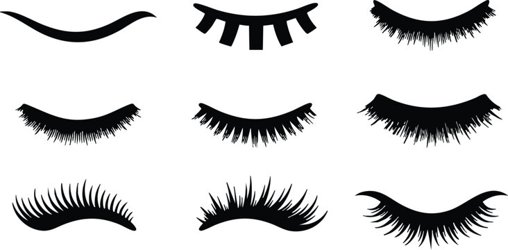 Flat design close up eyelash icon set twelve eyelash silhouettes arranged in a three by four grid makeup beauty branding vector minimal icons black and white