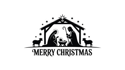 Classic nativity scene silhouette with mary joseph baby jesus shepherd and sheep under stable roof merry christmas greeting