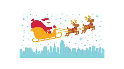 Fototapeta premium Whimsical illustration of santa claus in his sleigh pulled by reindeer soaring over a snowy cityscape at night