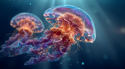 Obraz premium Translucent jellyfish deep blue sea glowing images