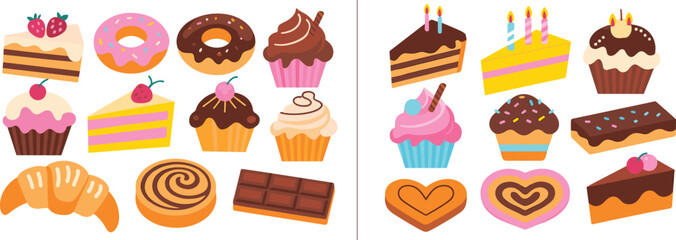 Colorful cartoon dessert collection, donuts, cupcakes, cakes, pastries, sweet treats, bakery icons, confectionery illustration, cute food art, dessert set