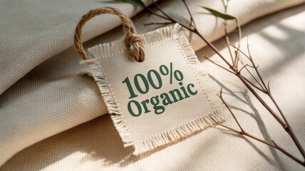 Natural tag indicating 100% organic product with delicate plant sprigs and soft fabric background
