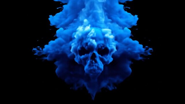Abstract digital artwork of a blue skull explosion on black background
