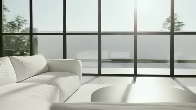 Minimalist modern living room scene featuring serene ambiance with sleek white couch, coffee table surrounded by lush tree in corner, inviting viewers to unwind and recharge in peaceful.