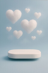 Minimal white podium on soft blue background with floating heart shaped clouds - product advertising scene in Cloud Dancer 2026 color trend