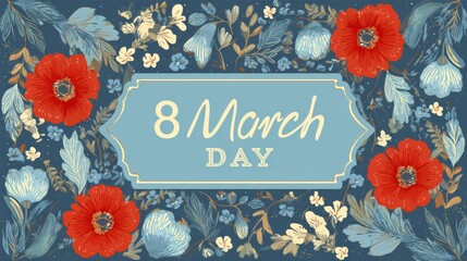 Womens Day Celebration Design Featuring 8 March Surrounded by Floral and Leafy Decorations for Appreciation and Respect for Women