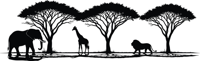 African wildlife silhouette vector scene, elephant giraffe and lion under acacia trees, safari nature landscape illustration, isolated animal panorama