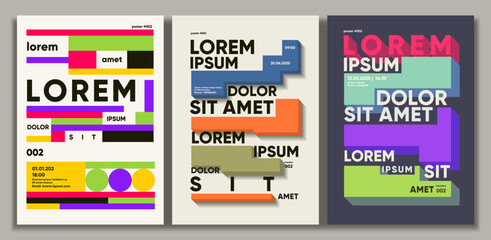 A set of three modern and colorful abstract posters featuring bold typography and geometric shapes. The designs incorporate vibrant colors like red, green, blue, and orange  © Molibdenis-Studio