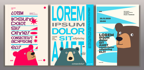 A vibrant set of three posters featuring playful bear illustrations and bold typography. The designs incorporate bright colors and geometric shapes, creating a modern and eye-catching aesthetic