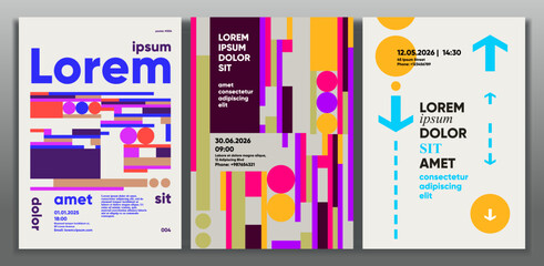 A vibrant set of three modern posters featuring bold geometric shapes and vivid colors. The designs incorporate abstract patterns, text elements, and a variety of fonts