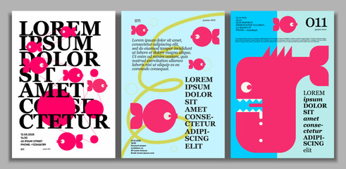 A vibrant and modern set of three posters featuring abstract fish designs and bold typography. The posters use a striking color palette of pink, black, and blue, with playful fish illustrations 