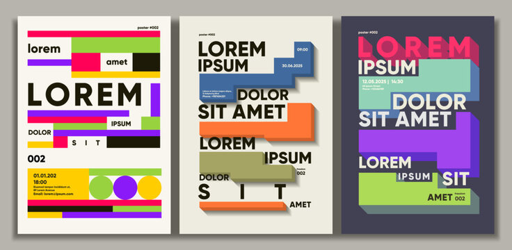 A set of three modern and colorful abstract posters featuring bold typography and geometric shapes. The designs incorporate vibrant colors like red, green, blue, and orange 