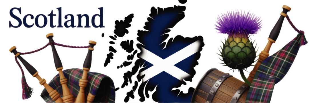 Scotland illustration with bagpipes thistle tartan and map silhouette featuring Saint Andrew&rsquo;s Cross flag on transparent background