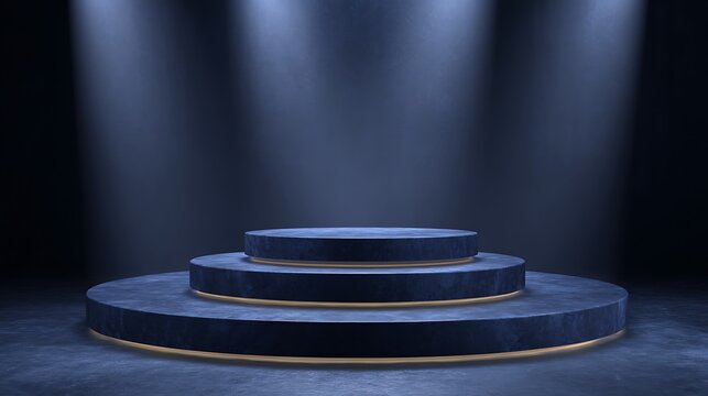 Dark multi tiered display podium illuminated by dramatic blue spotlights on a textured surface