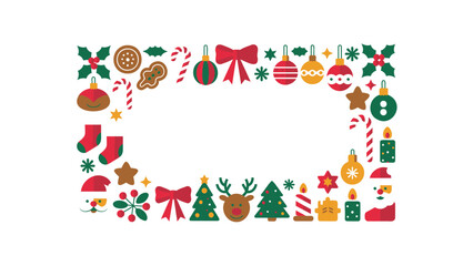 Fototapeta premium Festive christmas holiday border frame with ornaments candy canes holly berries and bows surrounding a blank white copy space