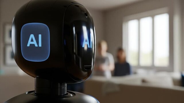 Close-up of smart mini robot with AI technology assisting in household tasks